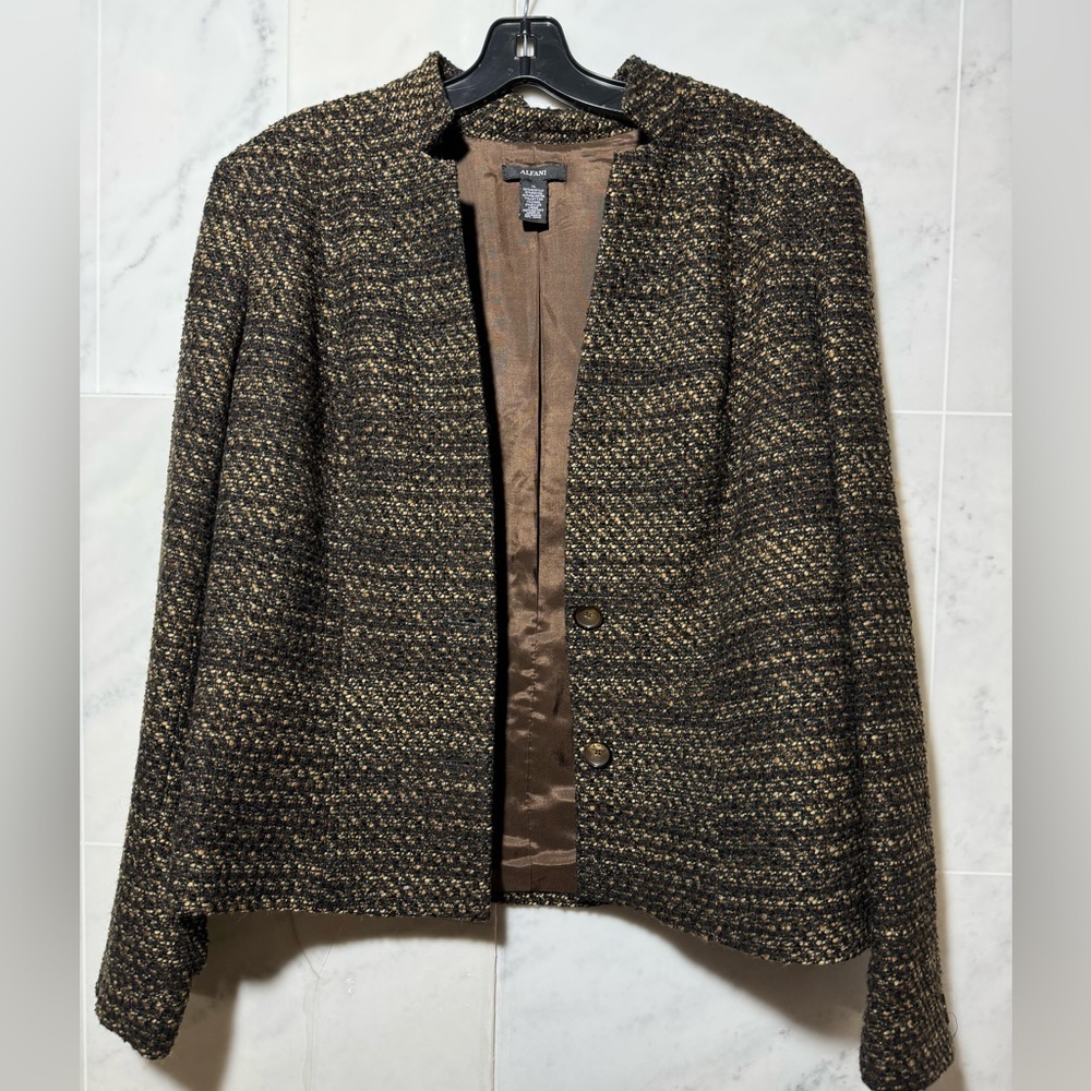 Alfani Brown Tweed Cropped 2 Button Blazer Wool Blend size 14